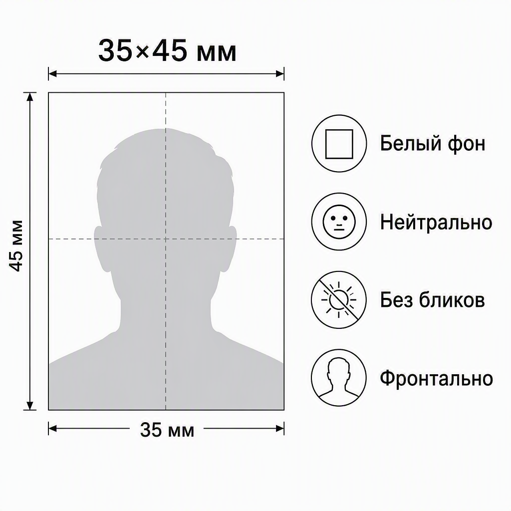 Схема требований фото 35×45 мм для паспорта РФ